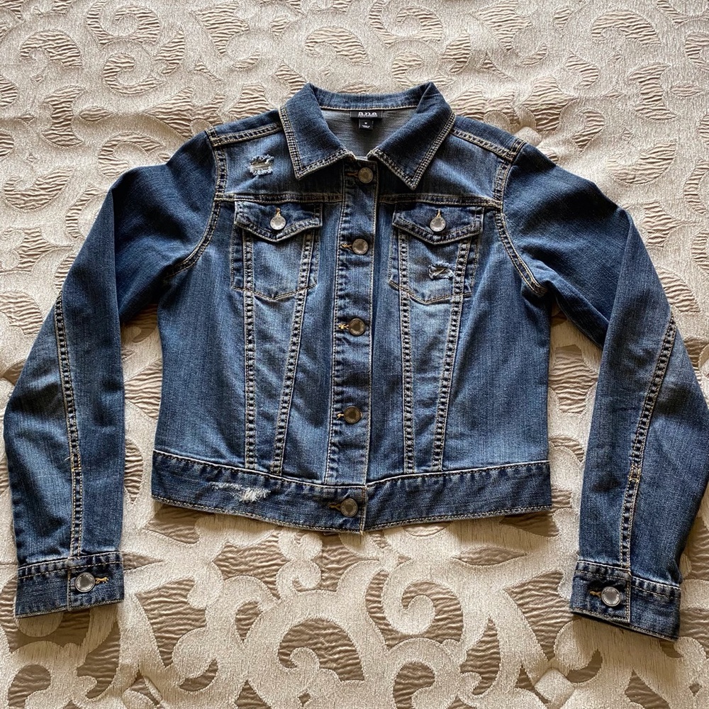 Women's A.N.A Classic Distressed Dark Blue Denim Jacket!